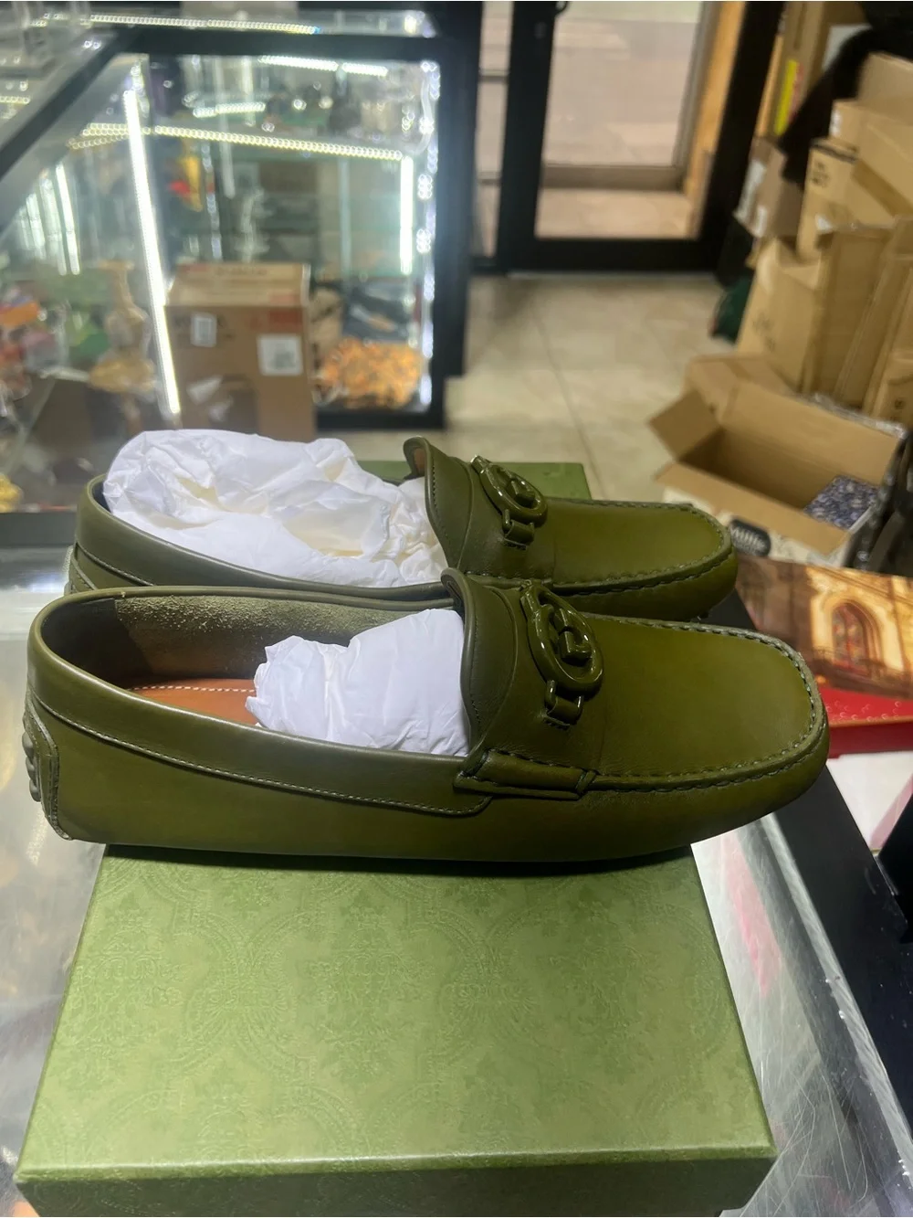 Gucci Olive Green Leather Moccasins with Interlocking G 8.5 Gucci/9.5 US